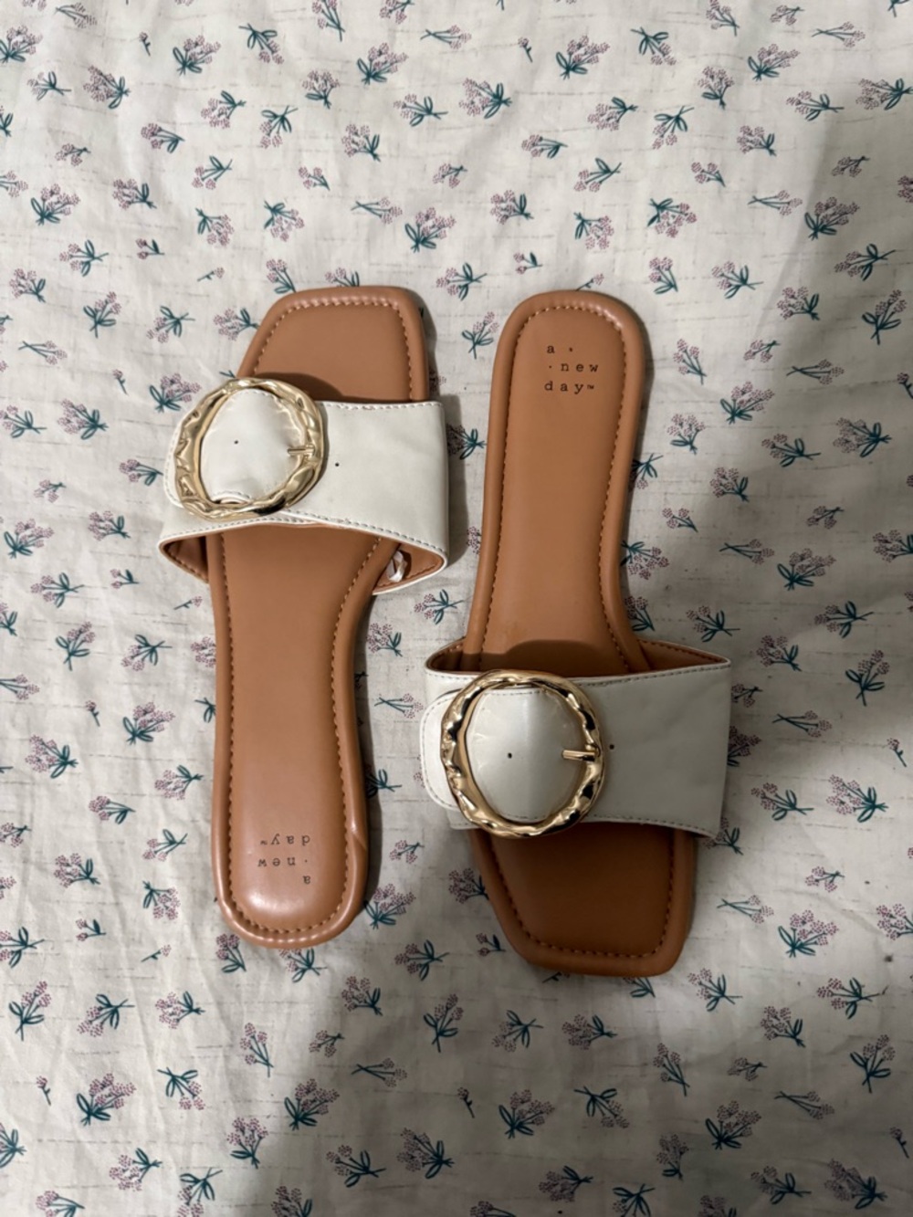 a new day Cream Slide Sandals with Gold-Tone Buckle